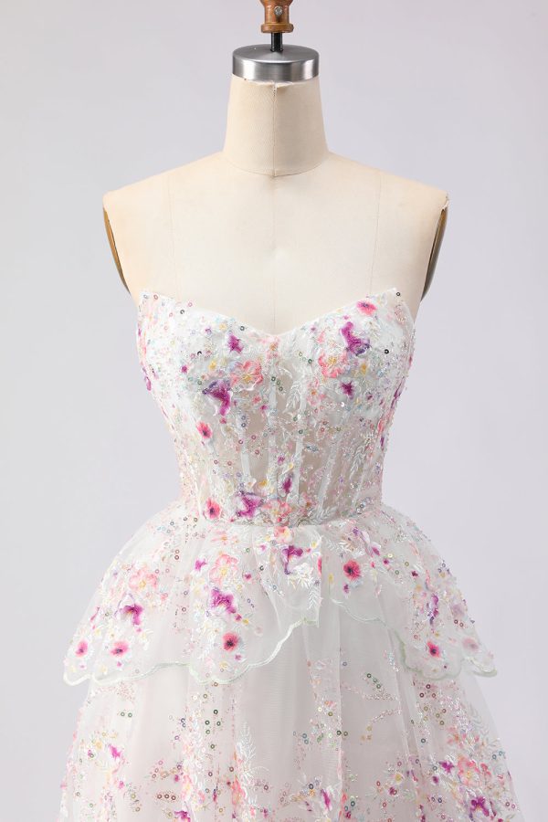 Sparkly White Pink Floral Tiered Strapless Appliqued Prom Dress - Image 6