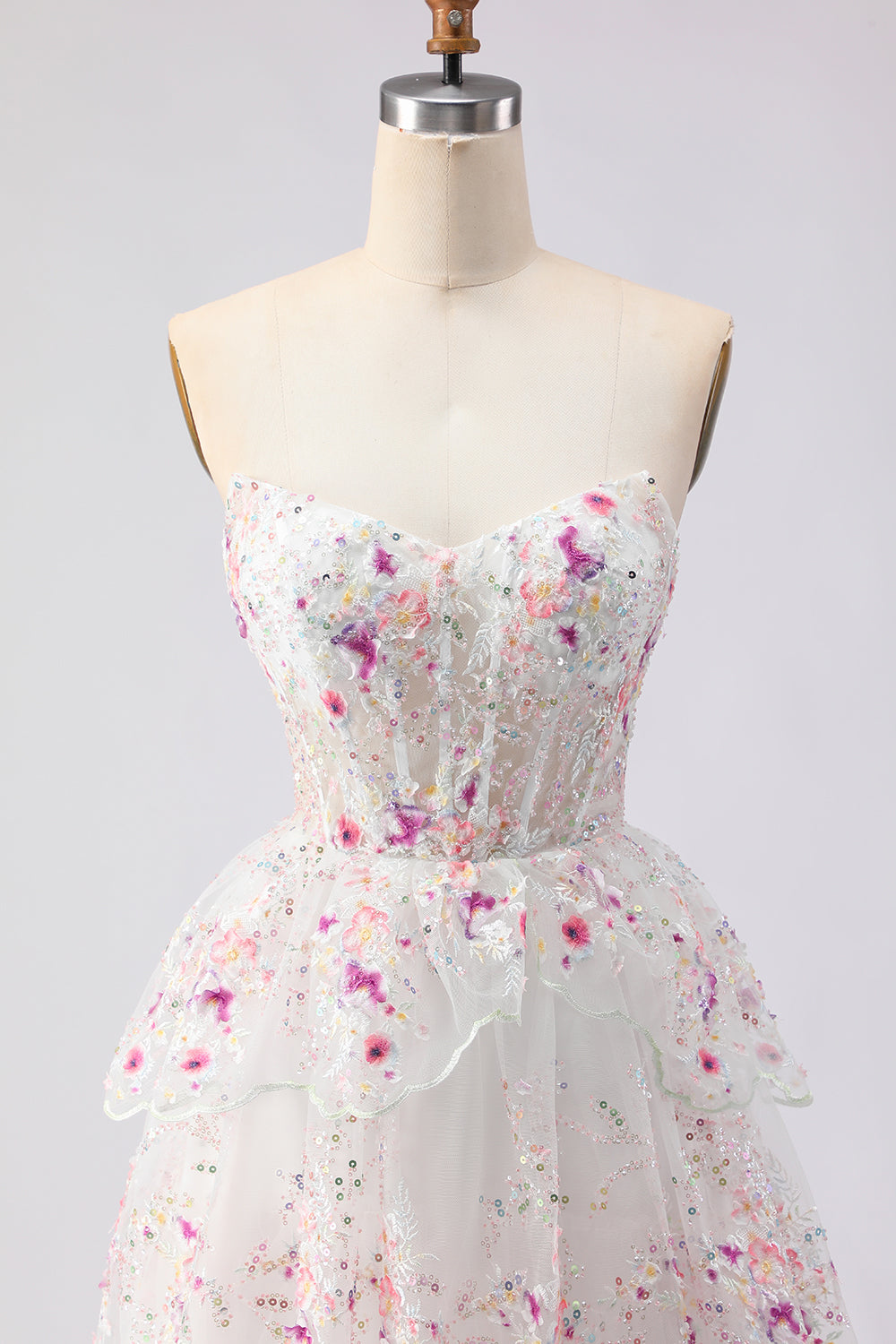 Sparkly White Pink Floral Tiered Strapless Appliqued Prom Dress - Image 6