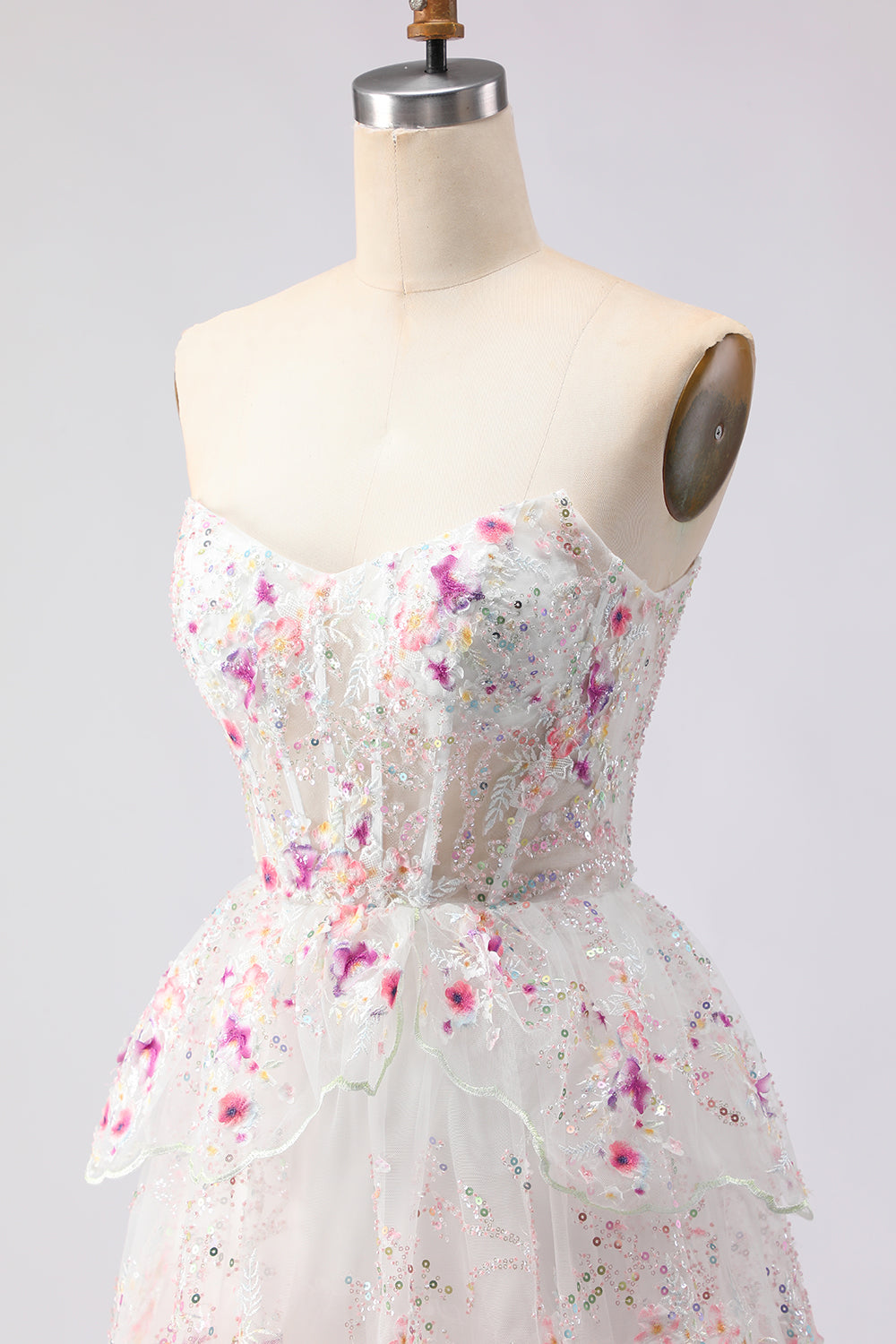 Sparkly White Pink Floral Tiered Strapless Appliqued Prom Dress - Image 8