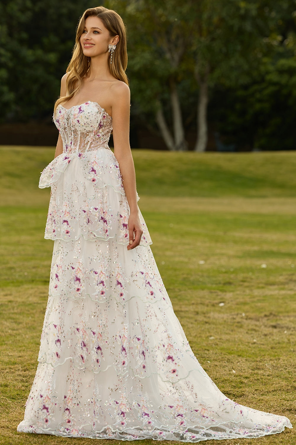 Sparkly Tiered Black Pink Floral Strapless Corset Prom Dress - Image 11