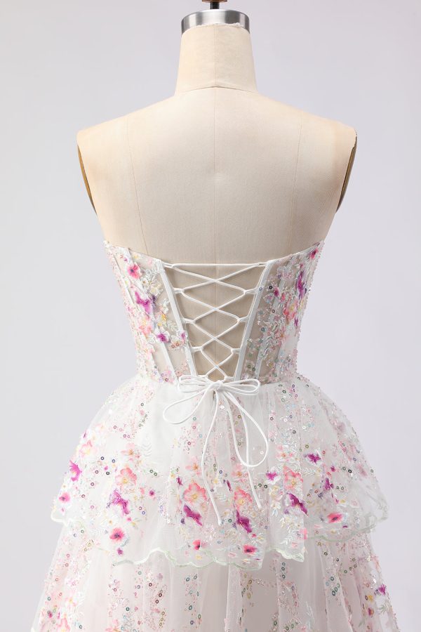 Sparkly White Pink Floral Tiered Strapless Appliqued Prom Dress - Image 7