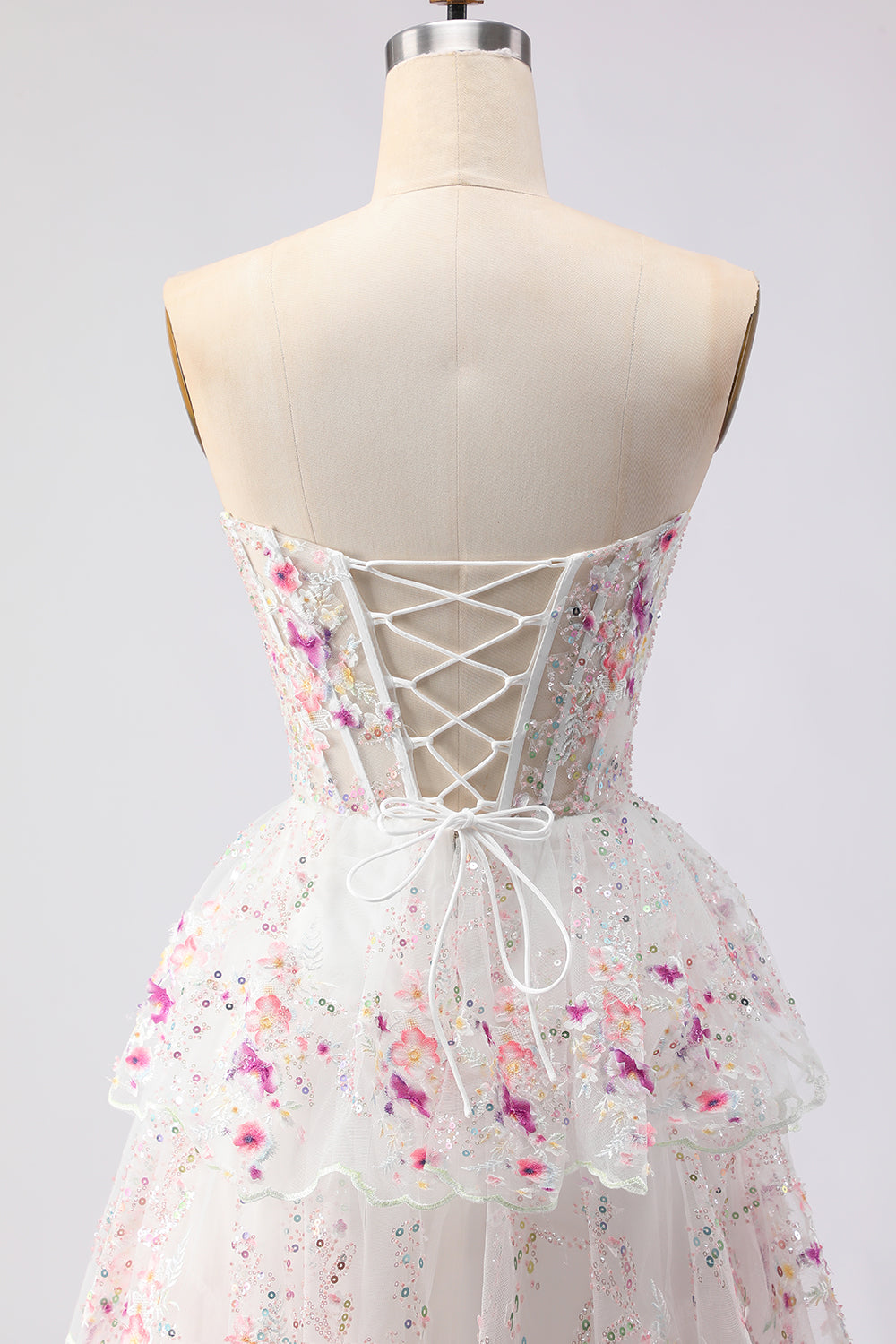 Sparkly White Pink Floral Tiered Strapless Appliqued Prom Dress - Image 7