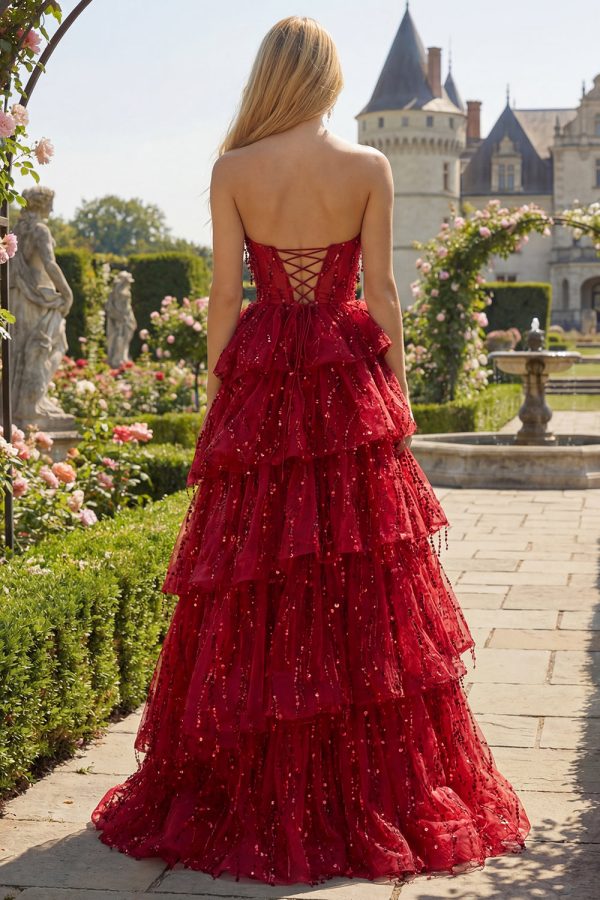 Sparkly Tiered Burgundy Strapless Sequin Prom Dress - Image 2