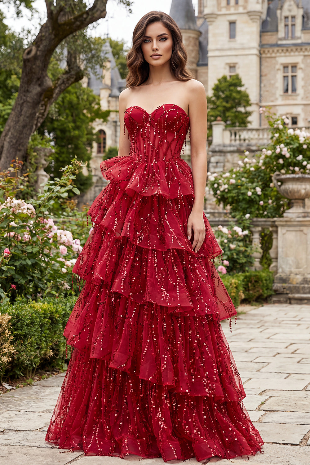 Sparkly Tiered Burgundy Strapless Sequin Prom Dress - Image 3
