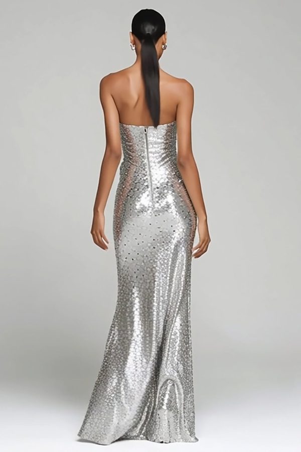 Sparkly Silver Strapless Sheath Maxi Evening Dress With Slit - Image 2