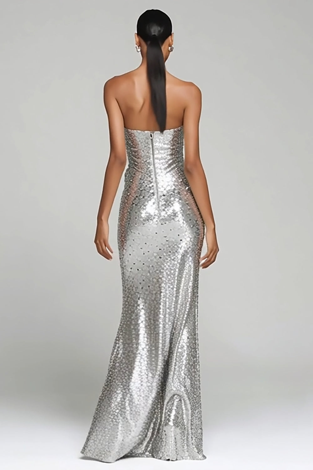 Sparkly Silver Strapless Sheath Maxi Evening Dress With Slit - Image 2