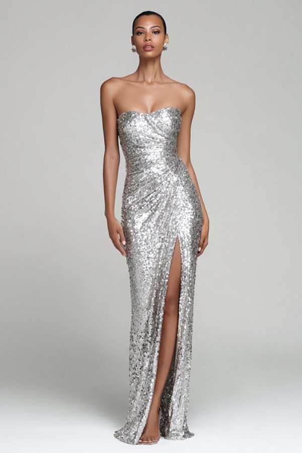 Sparkly Silver Strapless Sheath Maxi Evening Dress With Slit