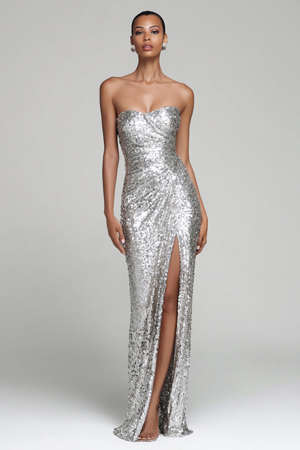 Sparkly Silver Strapless Sheath Maxi Evening Dress With Slit - Image 1