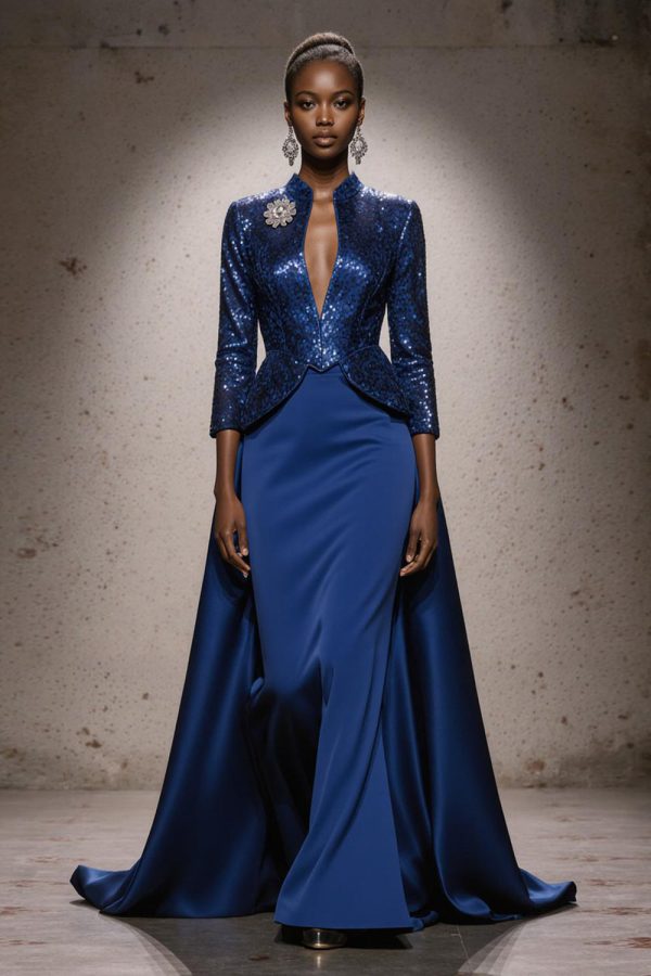 Sparkly Royal Blue Maxi Gala Dress With 3/4 Sleeves