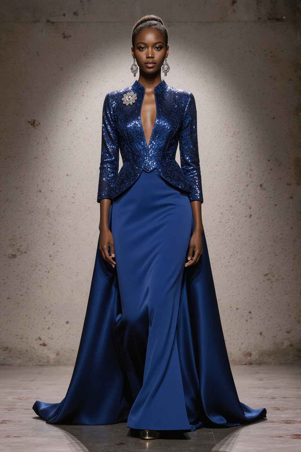 Sparkly Royal Blue Maxi Gala Dress With 3/4 Sleeves - Image 1