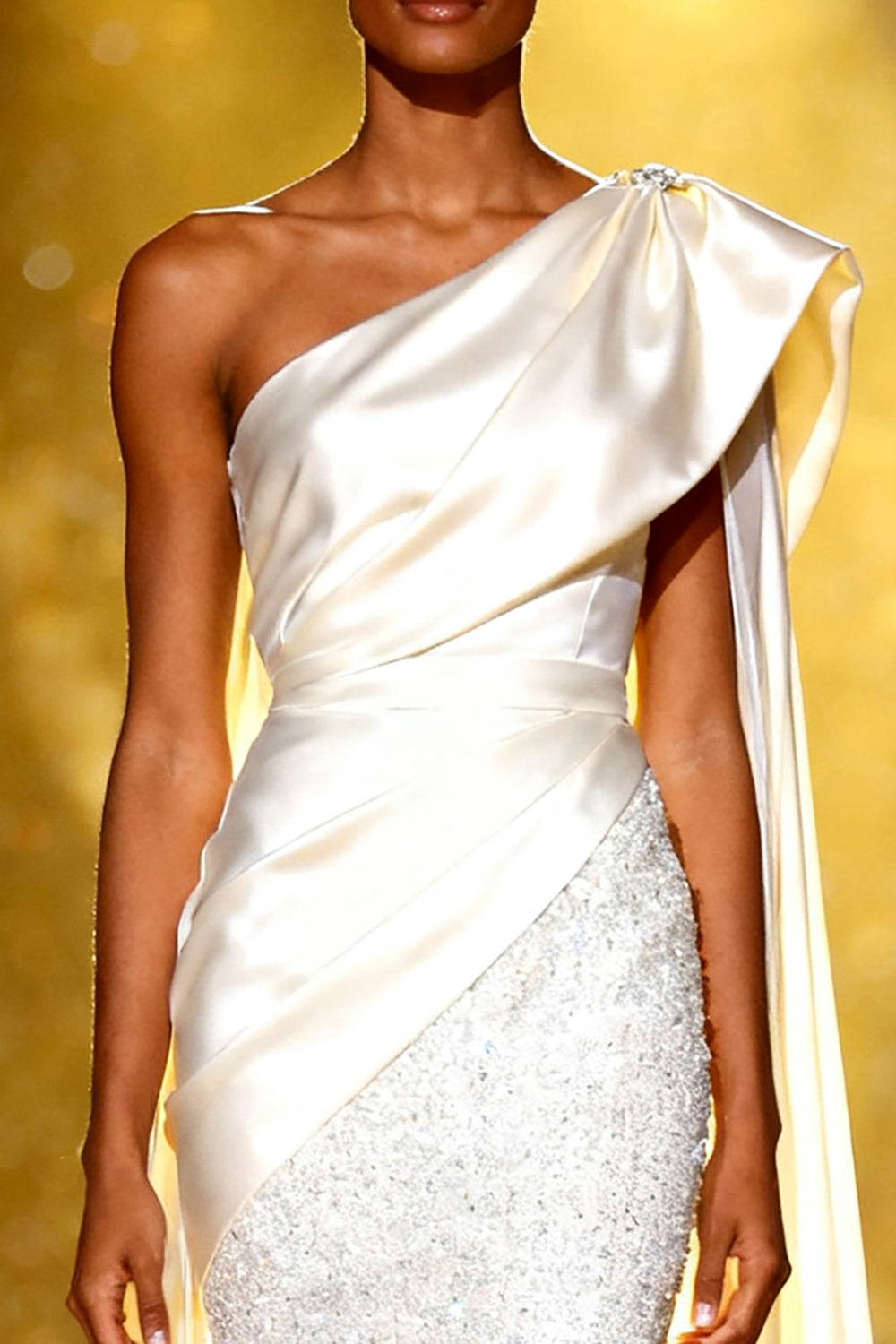 Sparkly White One Shoulder Mermaid Maxi Pageant Dress With Sash Train - Image 3