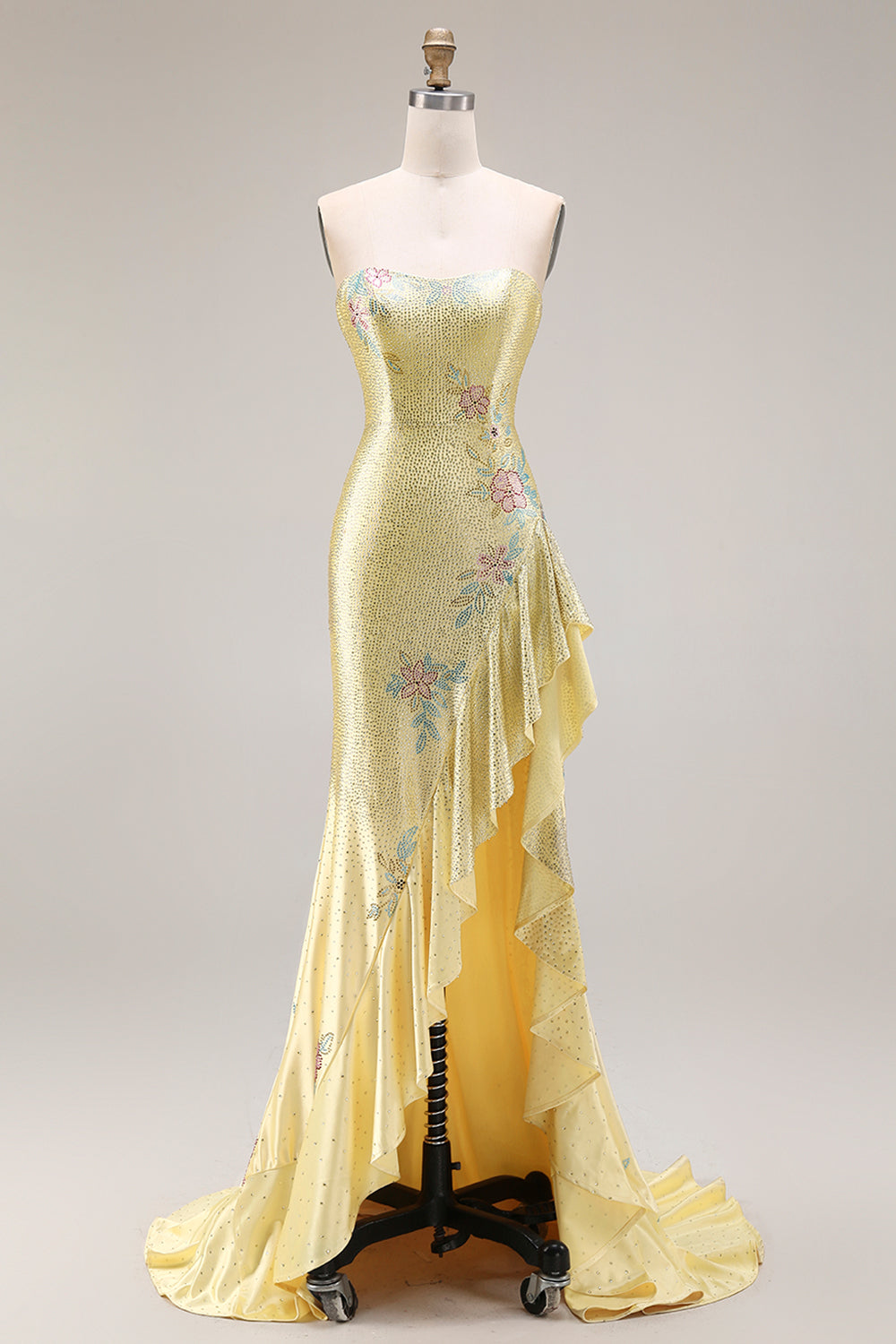 Sparkly Yellow Strapless Mermaid Prom Dress with Ruffles - Image 4