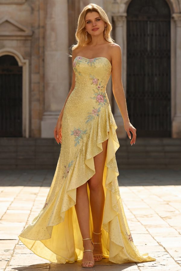 Sparkly Yellow Strapless Mermaid Prom Dress with Ruffles - Image 1