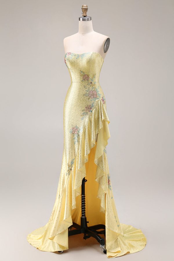 Sparkly Yellow Strapless Mermaid Beaded Prom Dress - Image 5