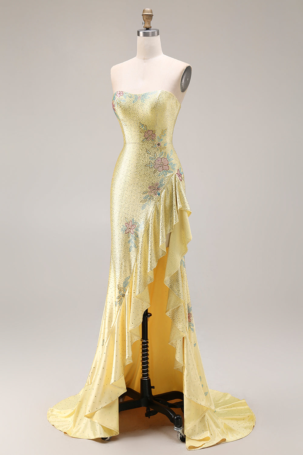 Sparkly Yellow Strapless Mermaid Beaded Prom Dress - Image 5