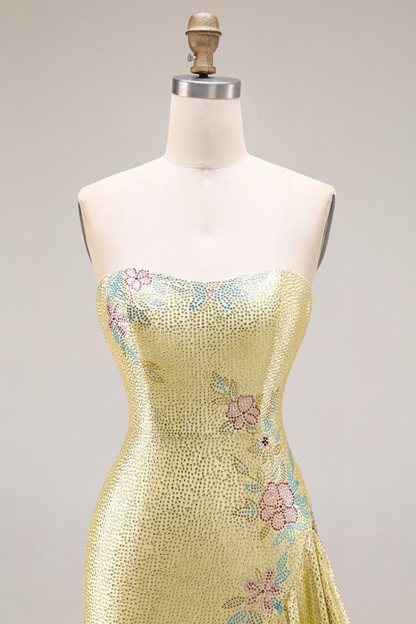 Sparkly Yellow Strapless Mermaid Beaded Prom Dress - Image 6