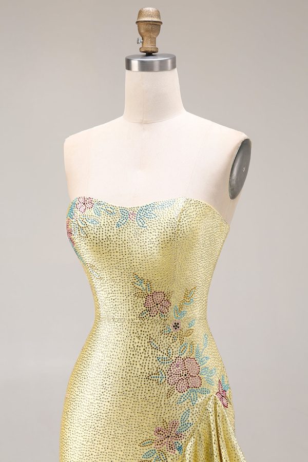 Sparkly Yellow Strapless Mermaid Beaded Prom Dress - Image 8