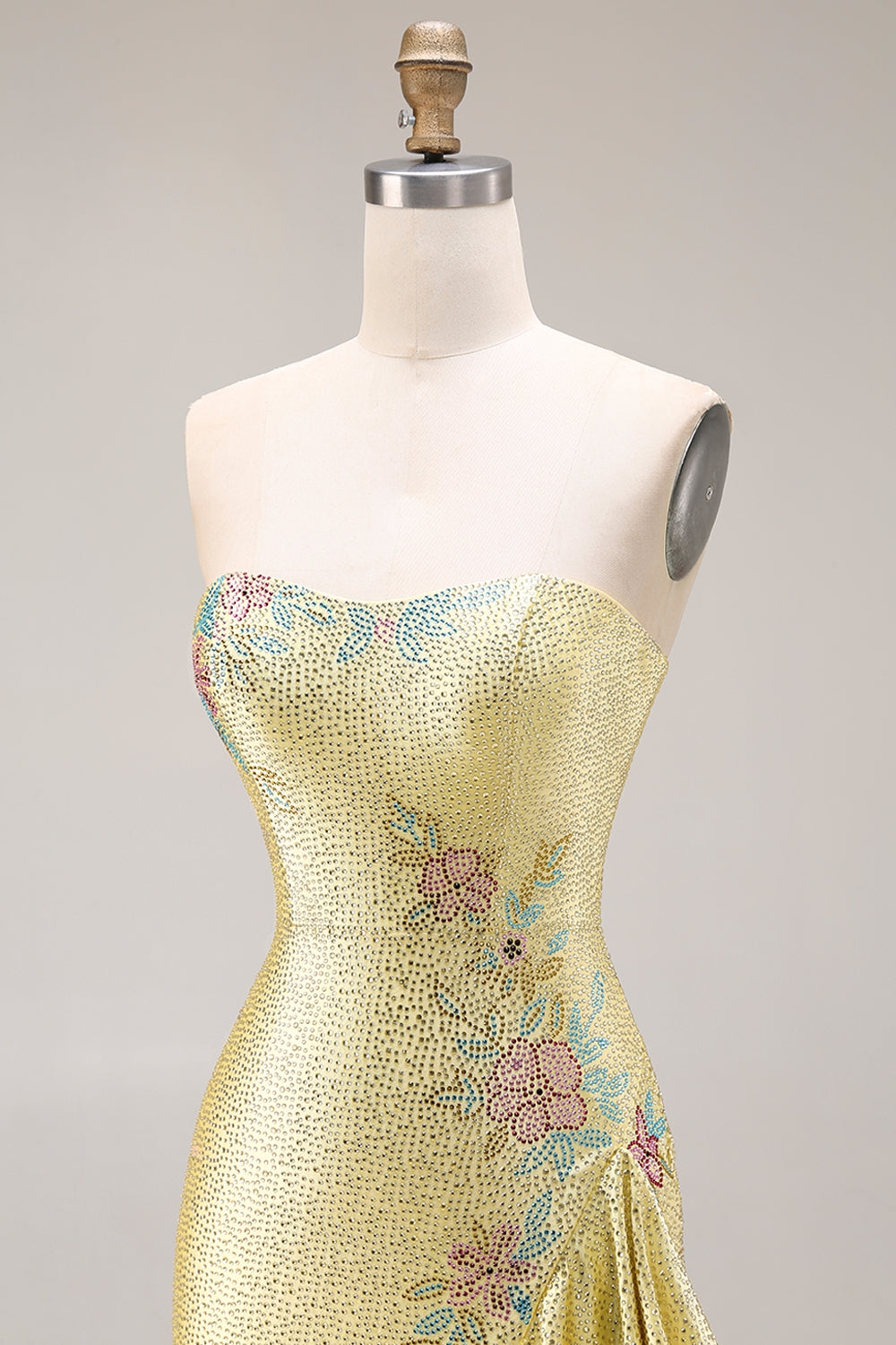 Sparkly Yellow Strapless Mermaid Beaded Prom Dress - Image 8