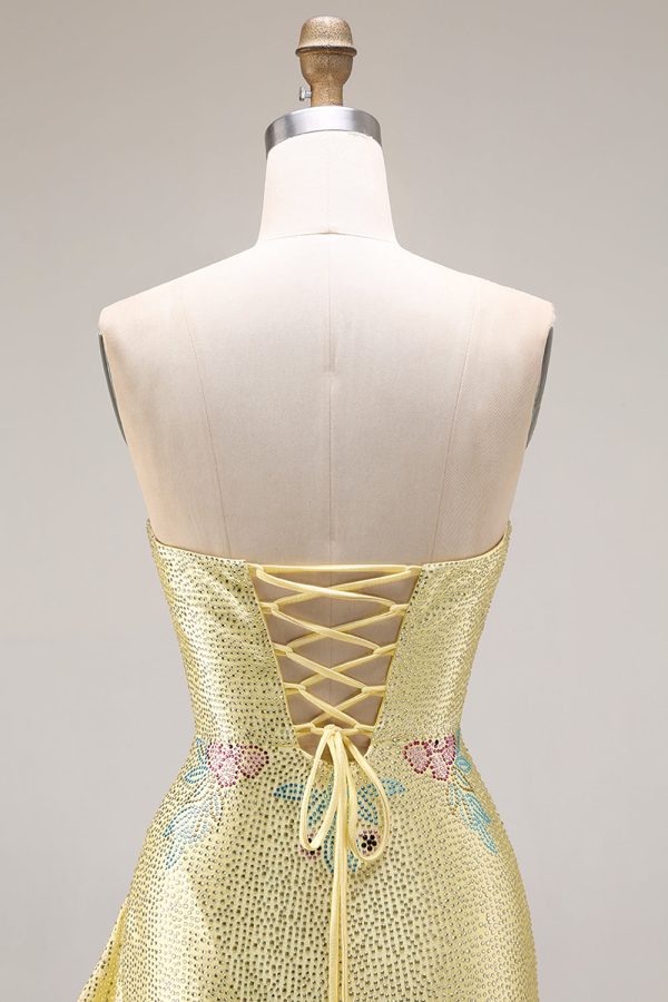 Sparkly Yellow Strapless Mermaid Beaded Prom Dress - Image 7