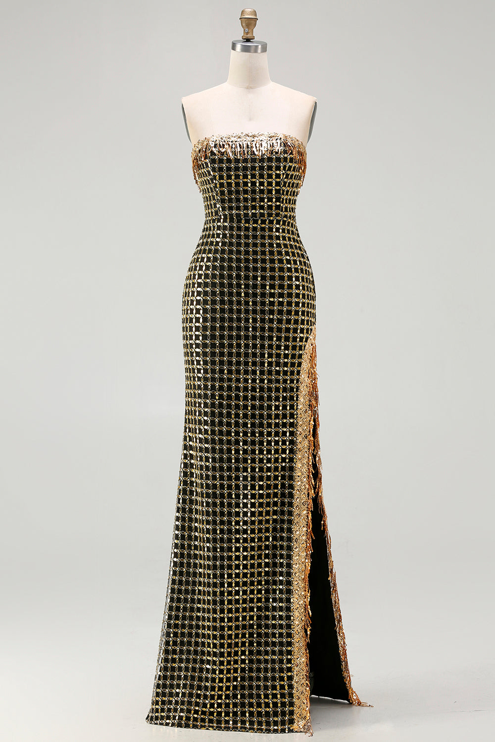 Sparkly Strapless Black Golden Prom Dress with Slit - Image 7