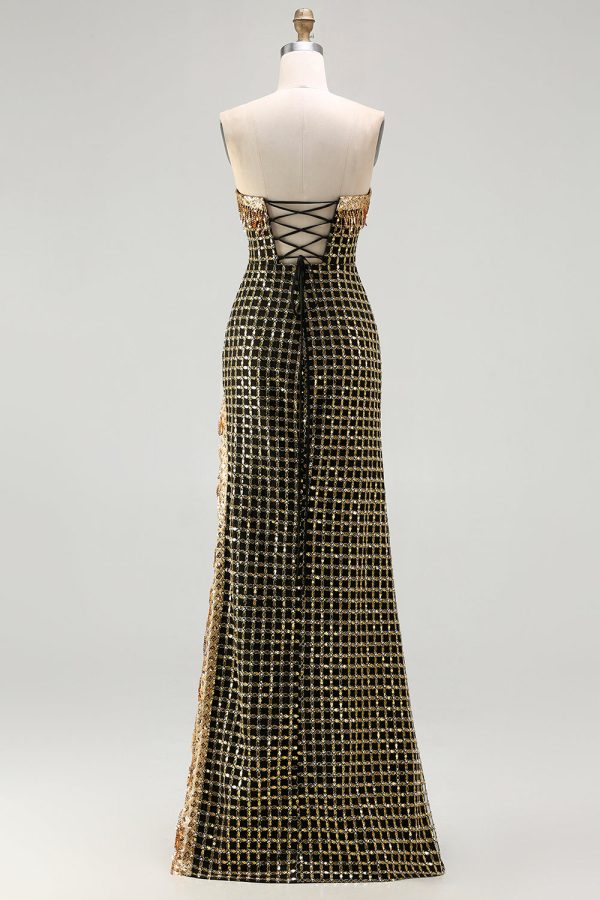 Sparkly Strapless Black Golden Prom Dress with Slit - Image 8