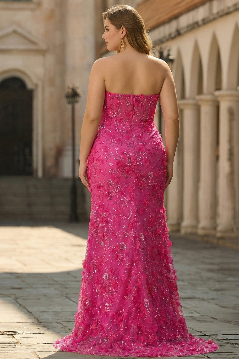 Sparkly Strapless Mermaid Fuchsia Plus Size Prom Dress - Image 2