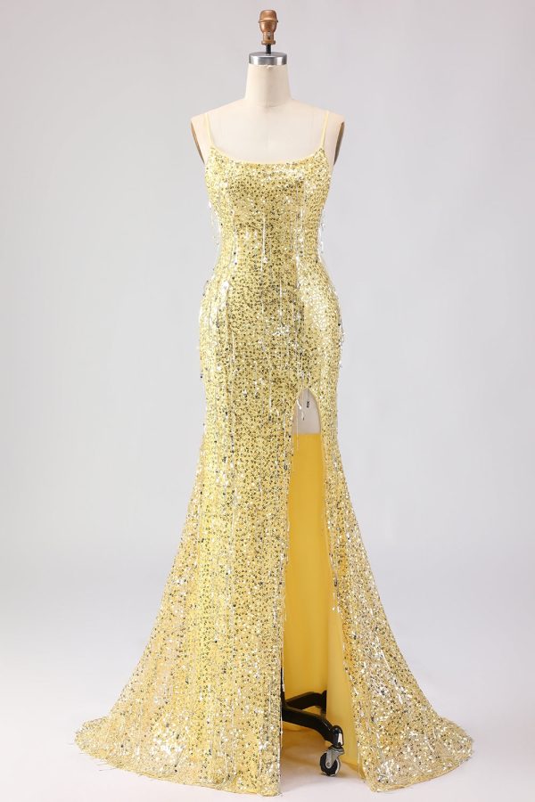 Sparkly Yellow Mermaid Maxi Prom Dress with Slit - Image 1