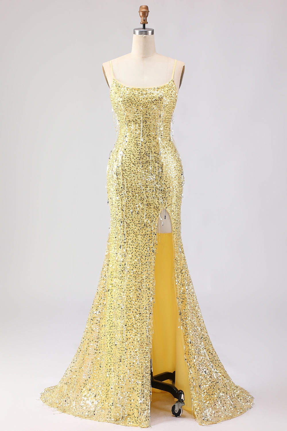 Sparkly Yellow Mermaid Maxi Prom Dress with Slit - Image 1