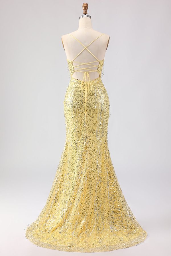 Sparkly Yellow Mermaid Maxi Prom Dress with Slit - Image 2