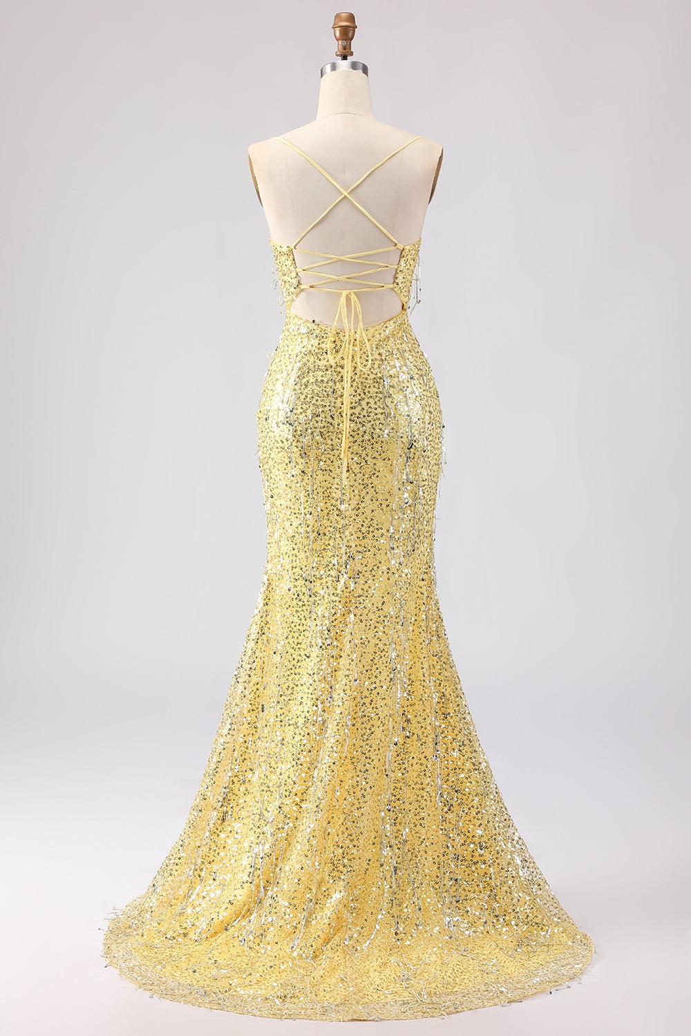Sparkly Yellow Mermaid Maxi Prom Dress with Slit - Image 2