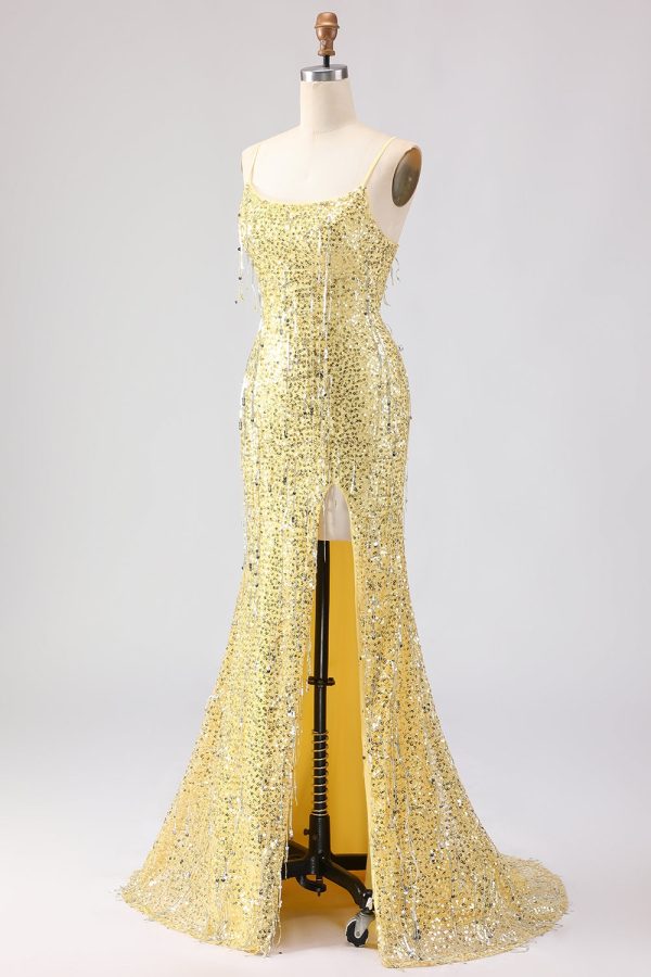 Sparkly Yellow Mermaid Maxi Prom Dress with Slit - Image 3