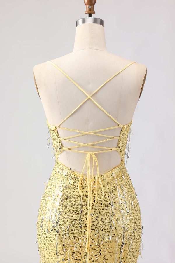 Sparkly Yellow Mermaid Maxi Prom Dress with Slit - Image 5