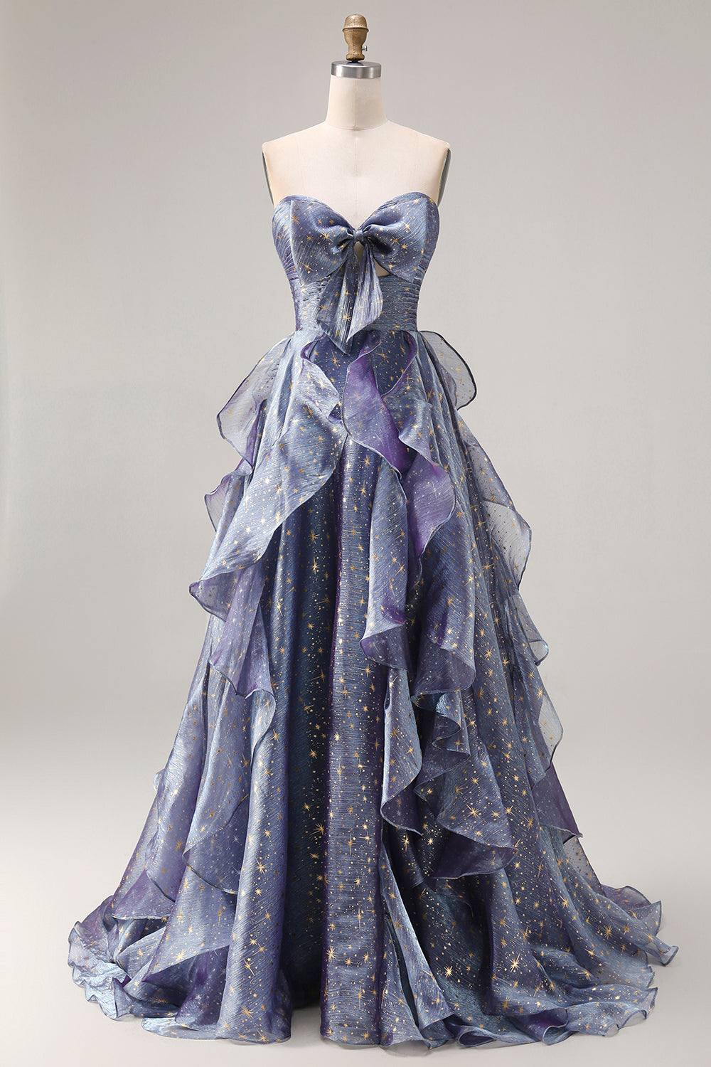 Sparkly Strapless A Line Ruffled Dusty Blue Prom Dress - Image 1