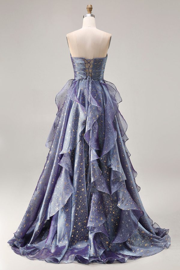 Sparkly Strapless A Line Ruffled Dusty Blue Prom Dress - Image 2