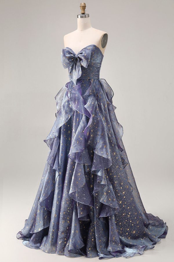 Sparkly Strapless A Line Ruffled Dusty Blue Prom Dress - Image 3