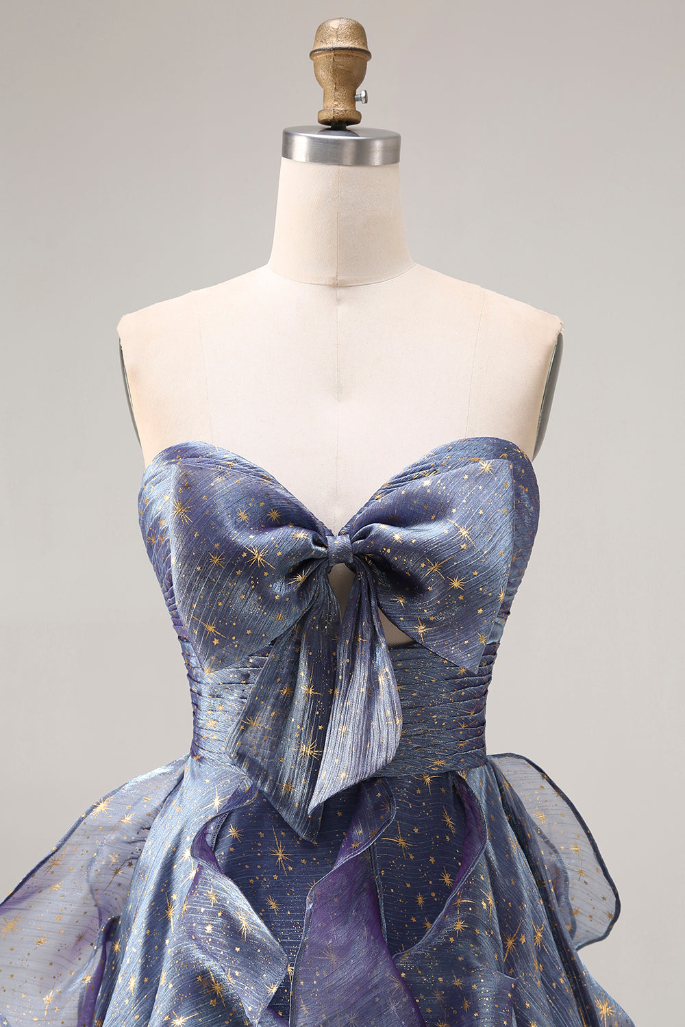 Sparkly Strapless A Line Ruffled Dusty Blue Prom Dress - Image 4