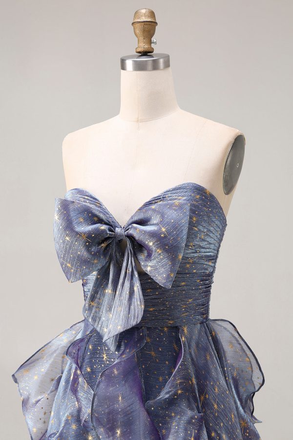 Sparkly Strapless A Line Ruffled Dusty Blue Prom Dress - Image 6