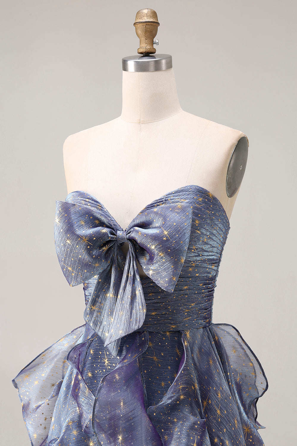 Sparkly Strapless A Line Ruffled Dusty Blue Prom Dress - Image 6