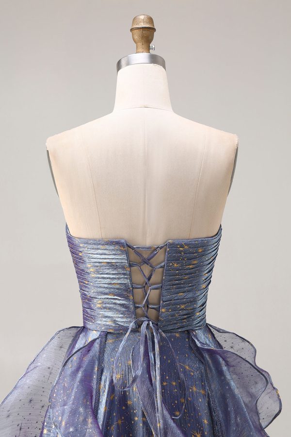 Sparkly Strapless A Line Ruffled Dusty Blue Prom Dress - Image 5