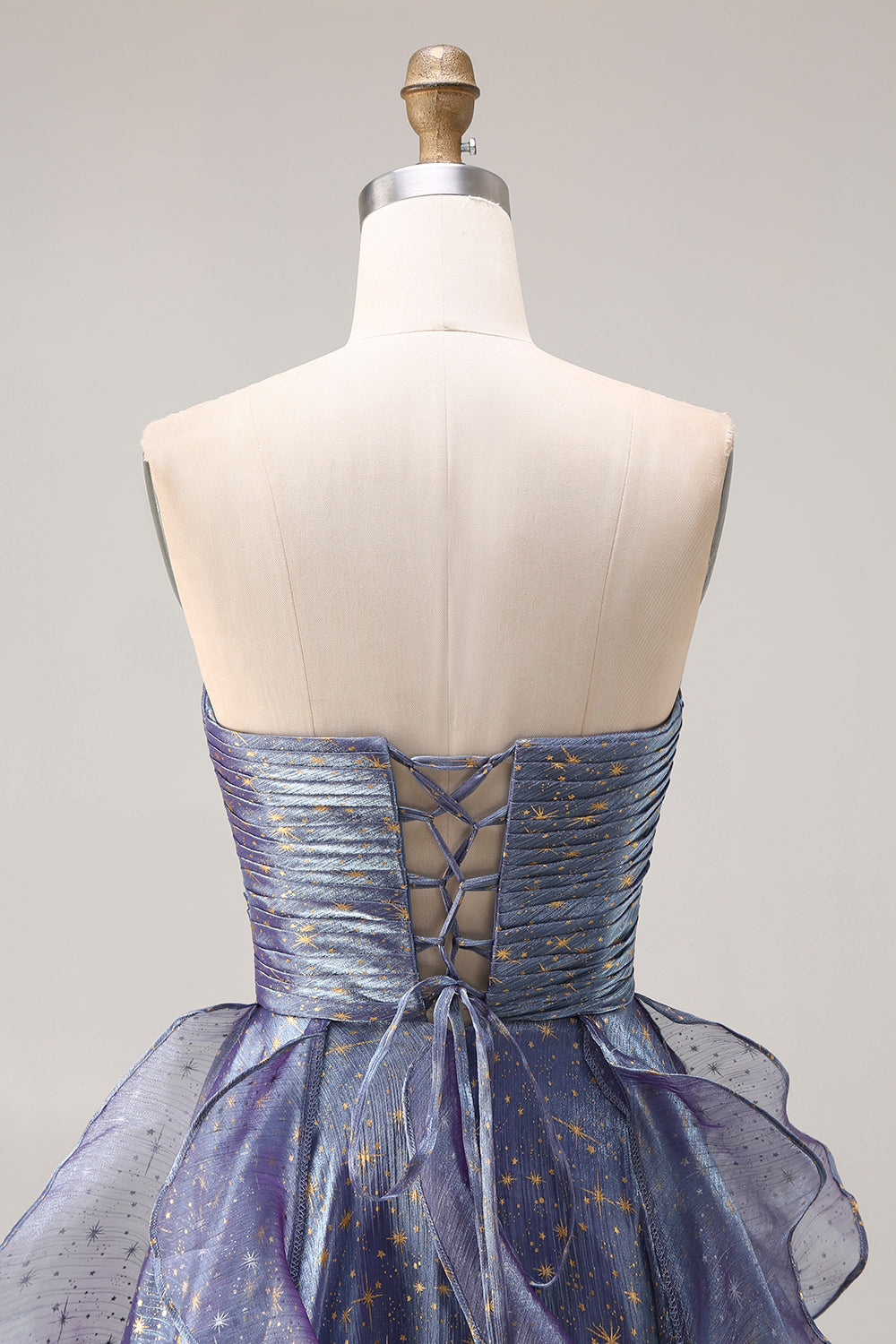 Sparkly Strapless A Line Ruffled Dusty Blue Prom Dress - Image 5