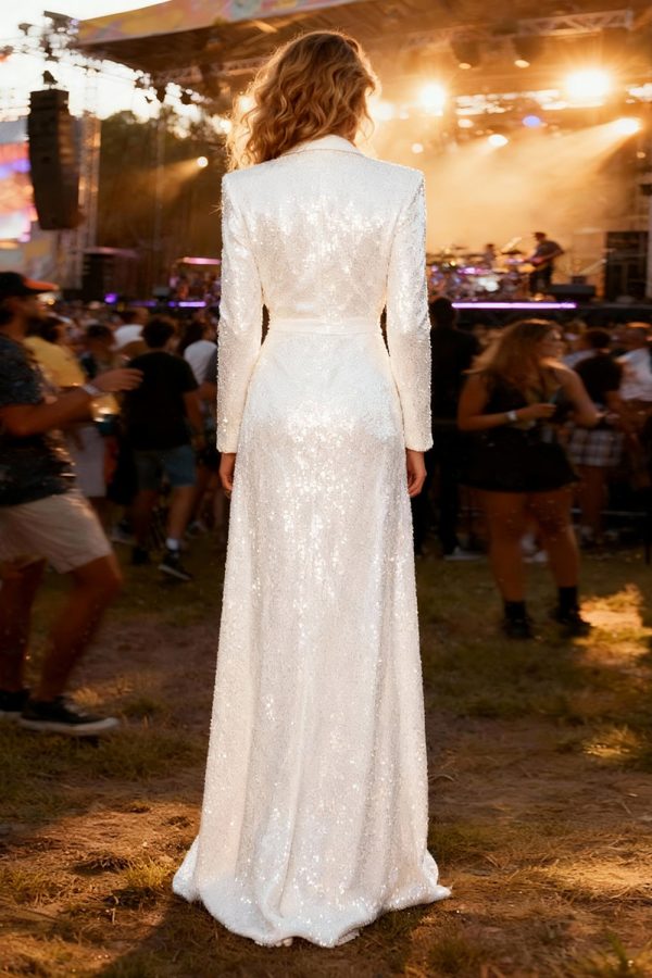 Sparkly White Sheath Peak Lapel Maxi Blazer Dress With Slit - Image 2