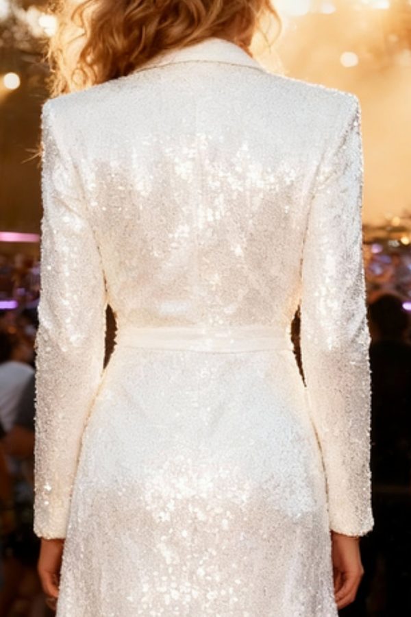 Sparkly White Sheath Peak Lapel Maxi Blazer Dress With Slit - Image 4