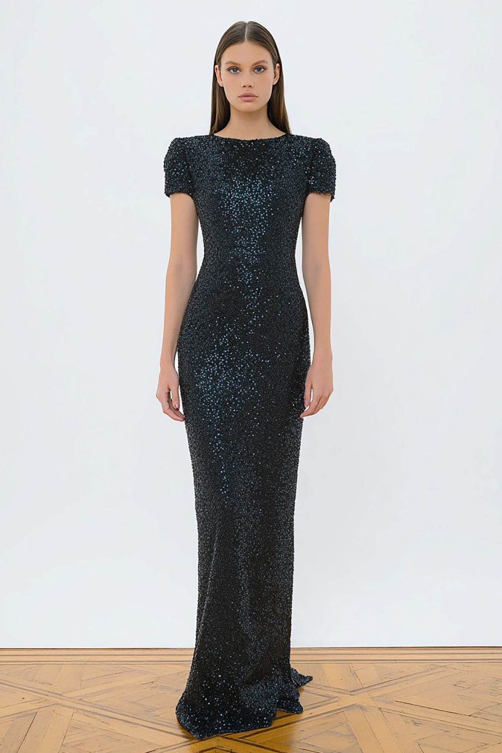 Sparkly Sheath Black Tie Dress with Short Sleeves - Image 1