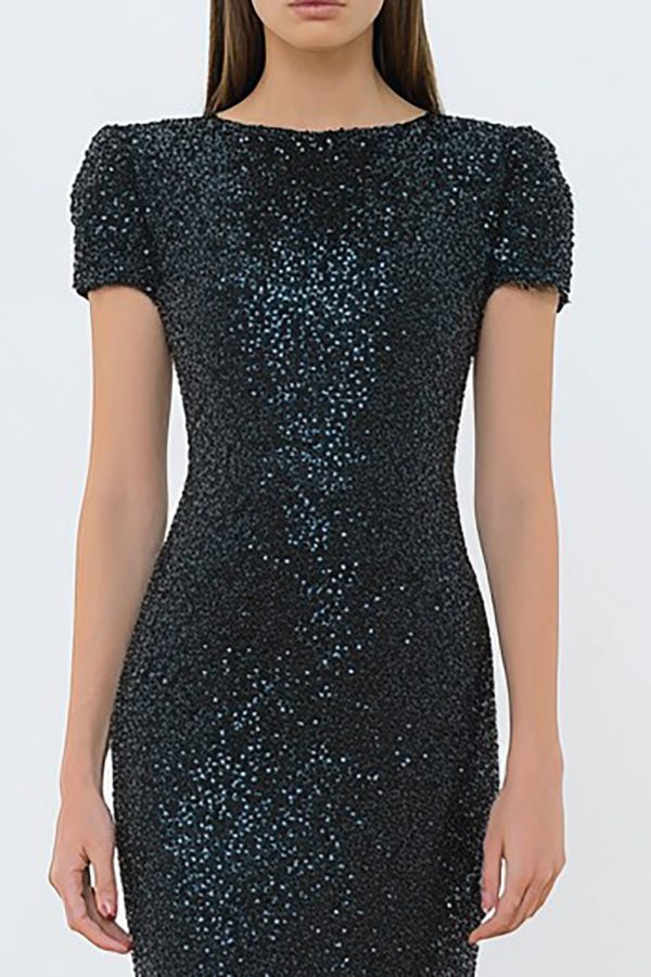 Sparkly Sheath Black Tie Dress with Short Sleeves - Image 2