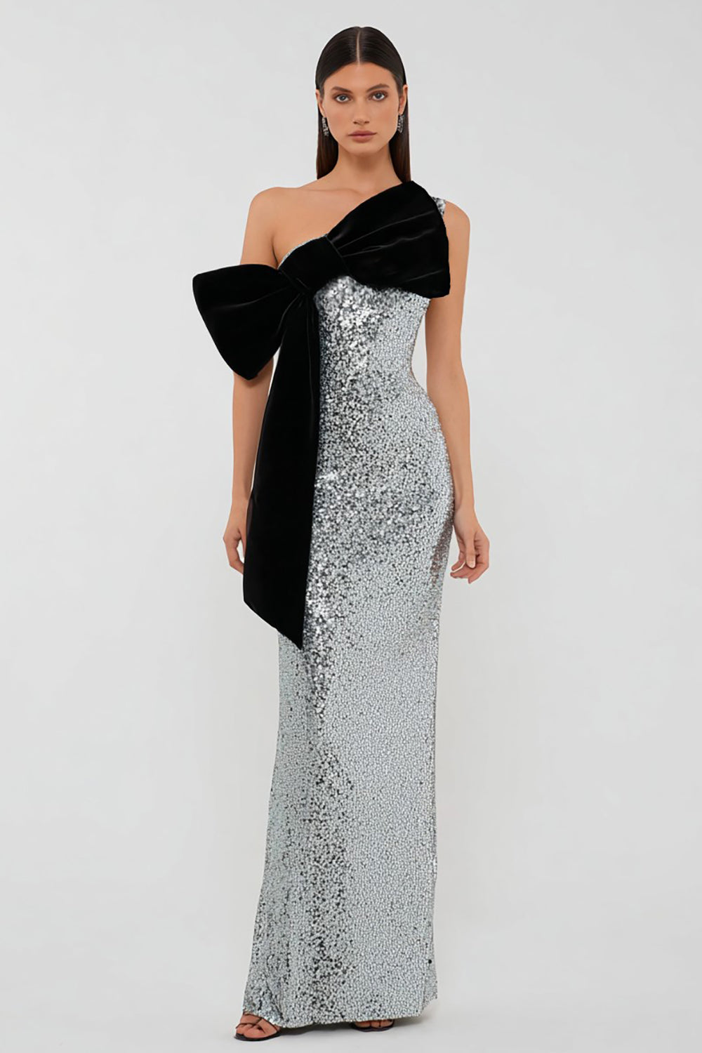 Sparkly Silver One Shoulder Sheath Formal Dress With Bow - Image 1