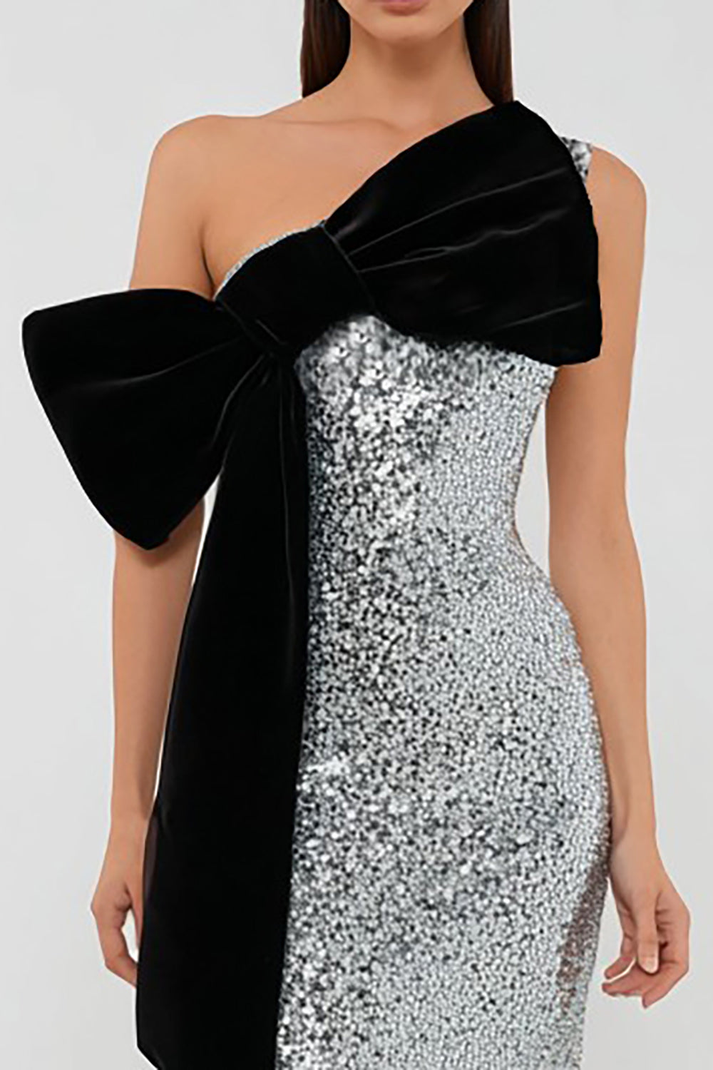 Sparkly Silver One Shoulder Sheath Formal Dress With Bow - Image 2
