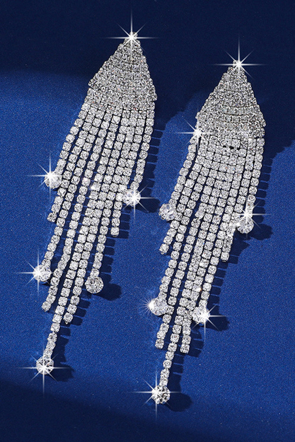 Sparkly Silver Rhinestone Long Tassel Earrings - Image 1