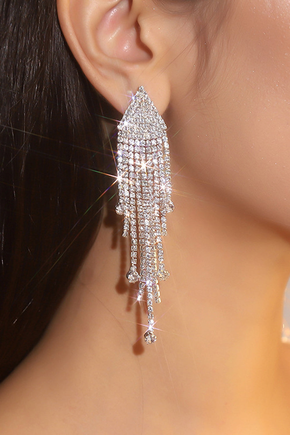 Sparkly Silver Rhinestone Long Tassel Earrings - Image 2