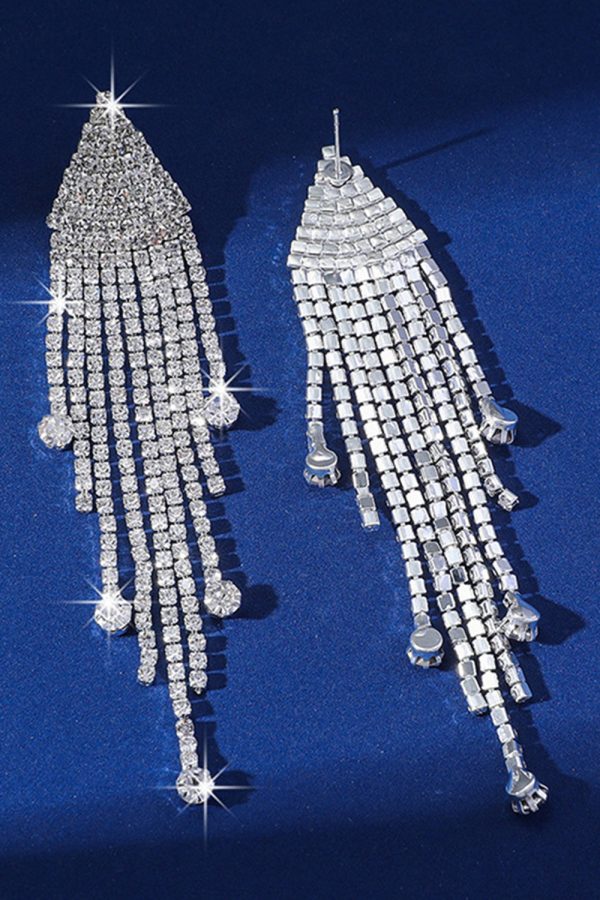 Sparkly Silver Rhinestone Long Tassel Earrings - Image 3
