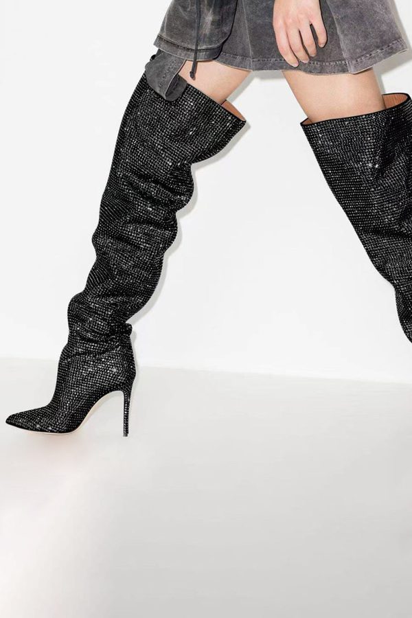 Sparkly Silver Rhinestone Over-The-Knee Stiletto Boots - Image 7